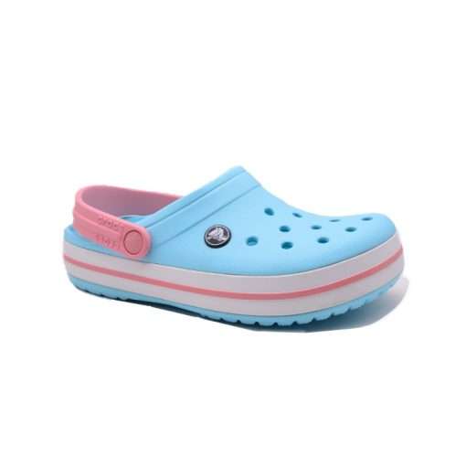 Blue Crocs clogs with red and white stripe