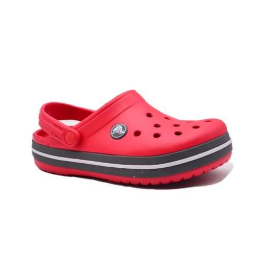 Red Crocs clogs with Black and white stripe