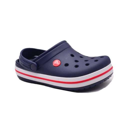 black Crocs clogs with red and white stripe